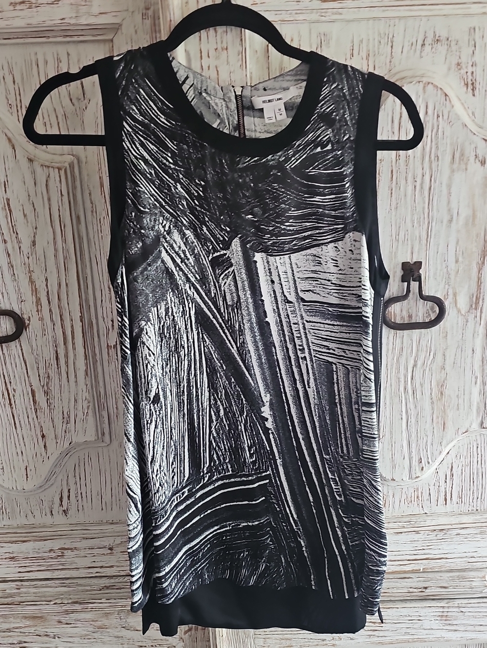 Helmut Lang Sleeveless Black/White Print Top w/ Side Zipper Detail - Size M